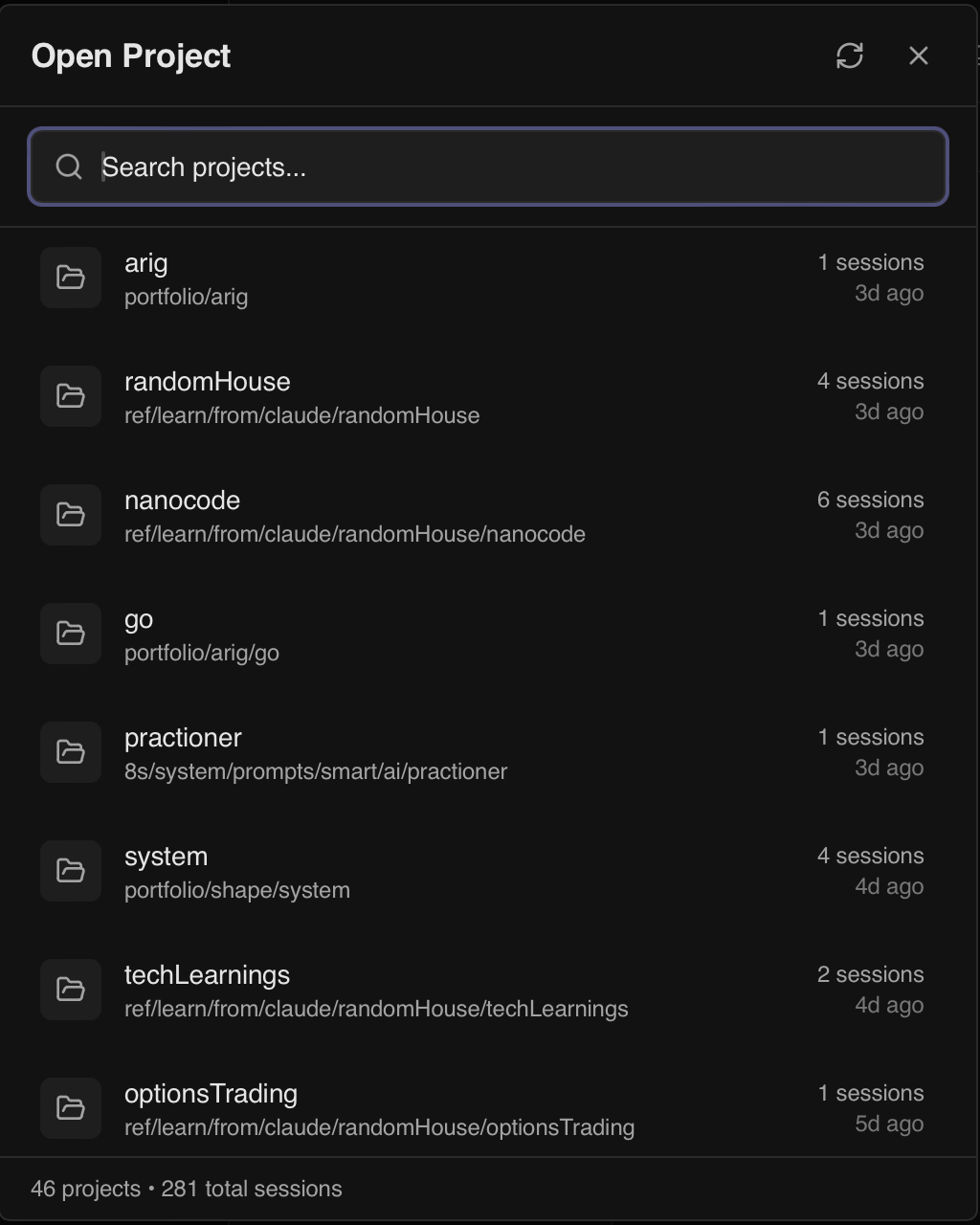 Quick open showing 46 projects with 281 total sessions